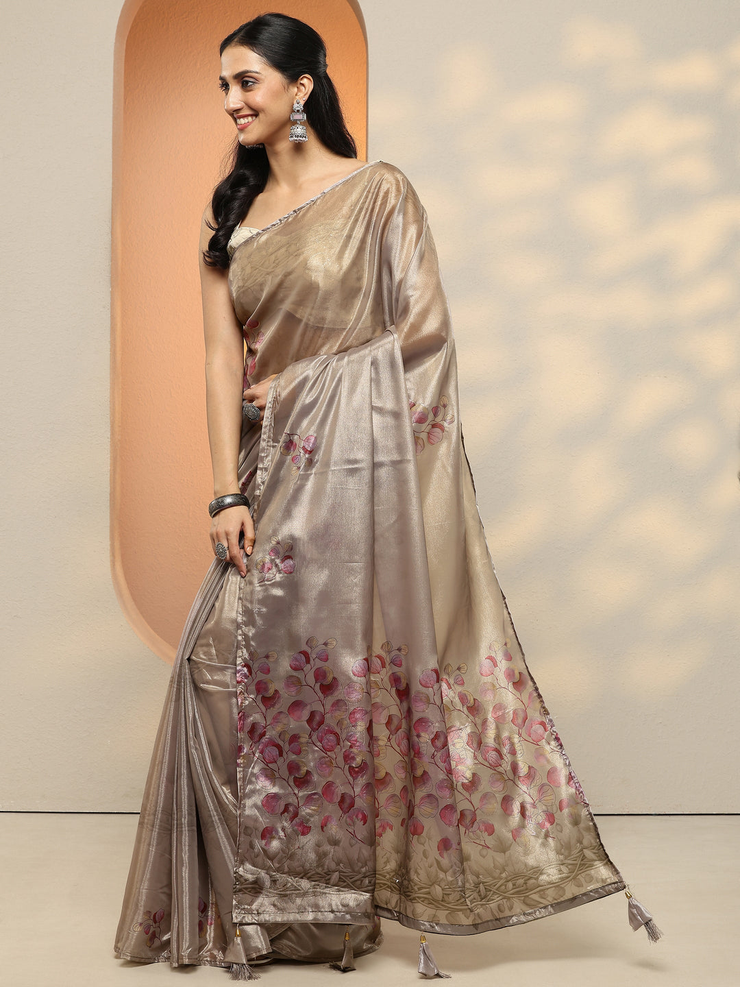  Beige Printed Silk Blend Saree With Unstitched Blouse Piece 