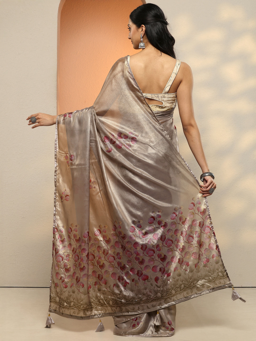  Beige Printed Silk Blend Saree With Unstitched Blouse Piece 