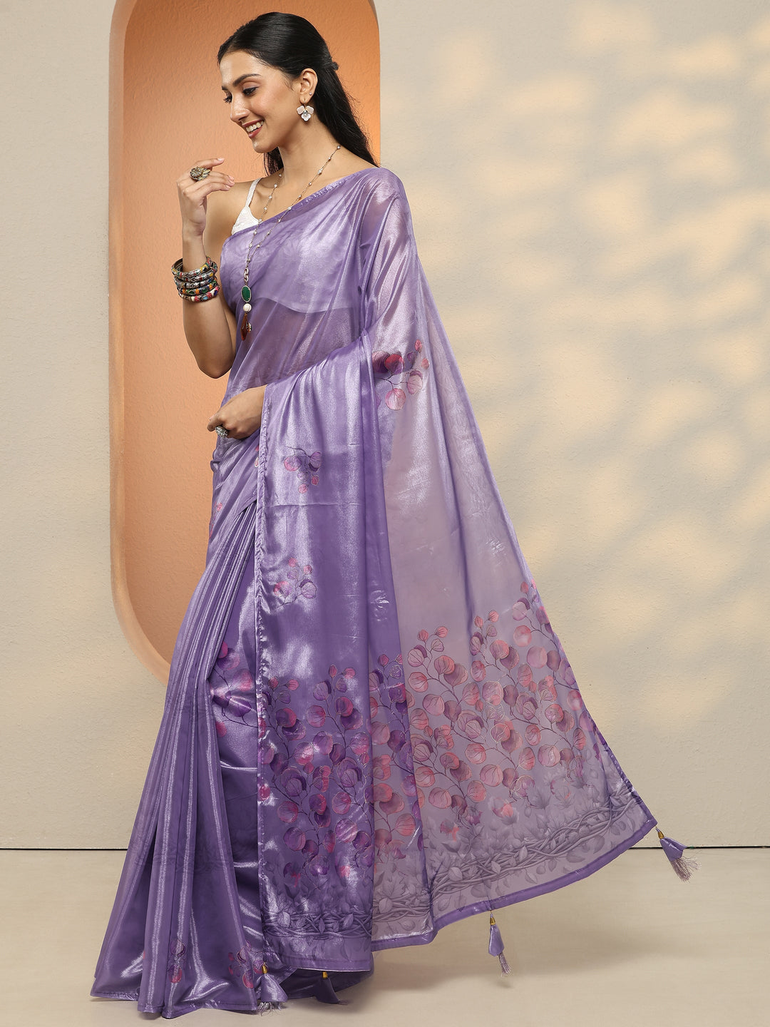  Lavender Printed Silk Blend Saree With Unstitched Blouse Piece 