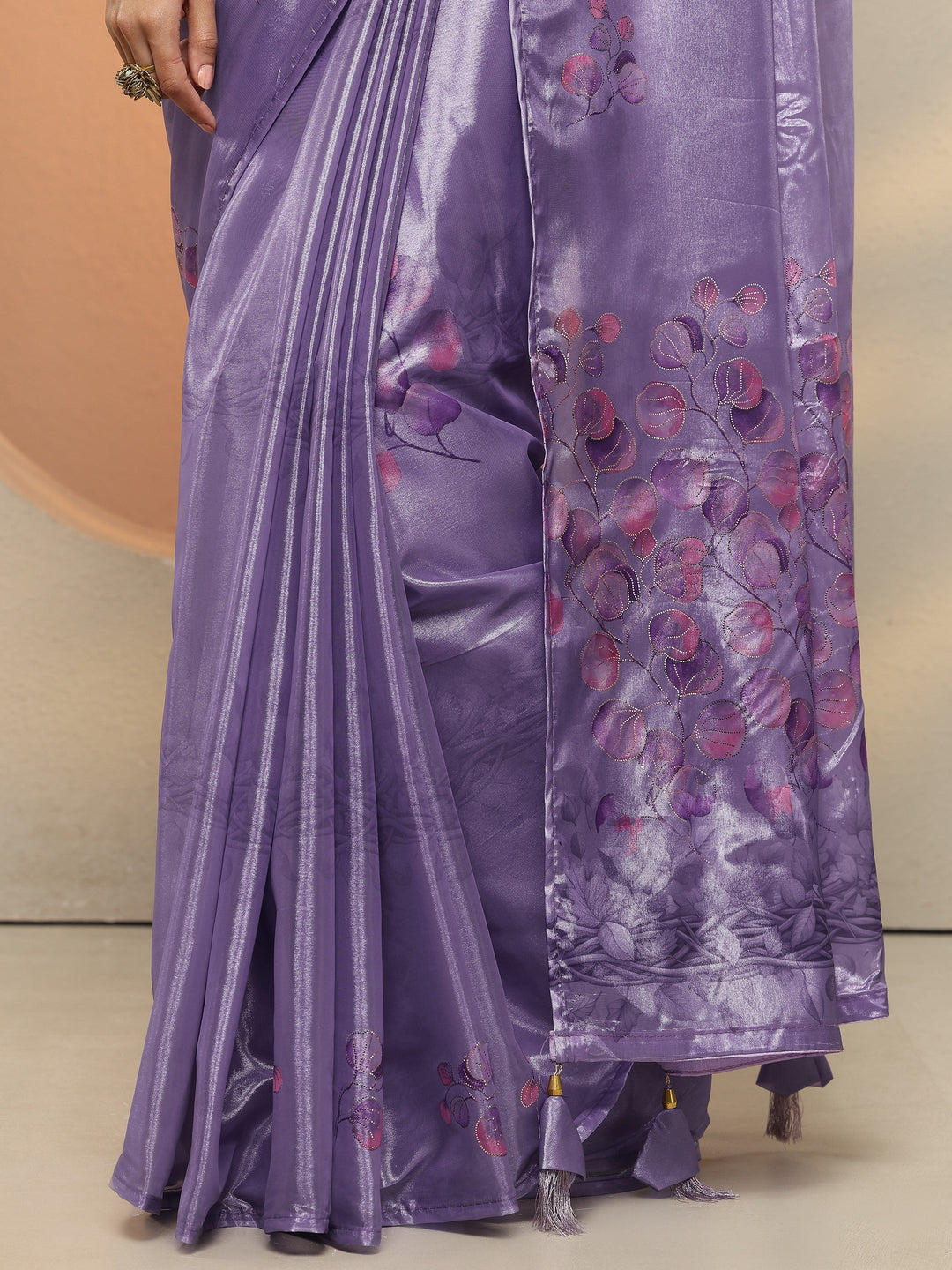  Lavender Printed Silk Blend Saree With Unstitched Blouse Piece 