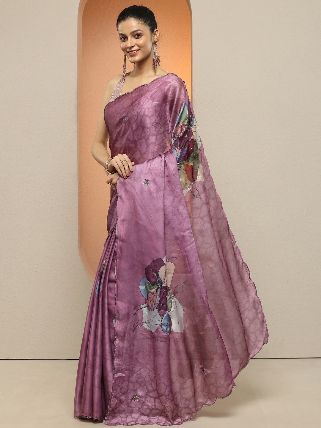  Mauve Printed Silk Blend Saree With Unstitched Blouse Piece 