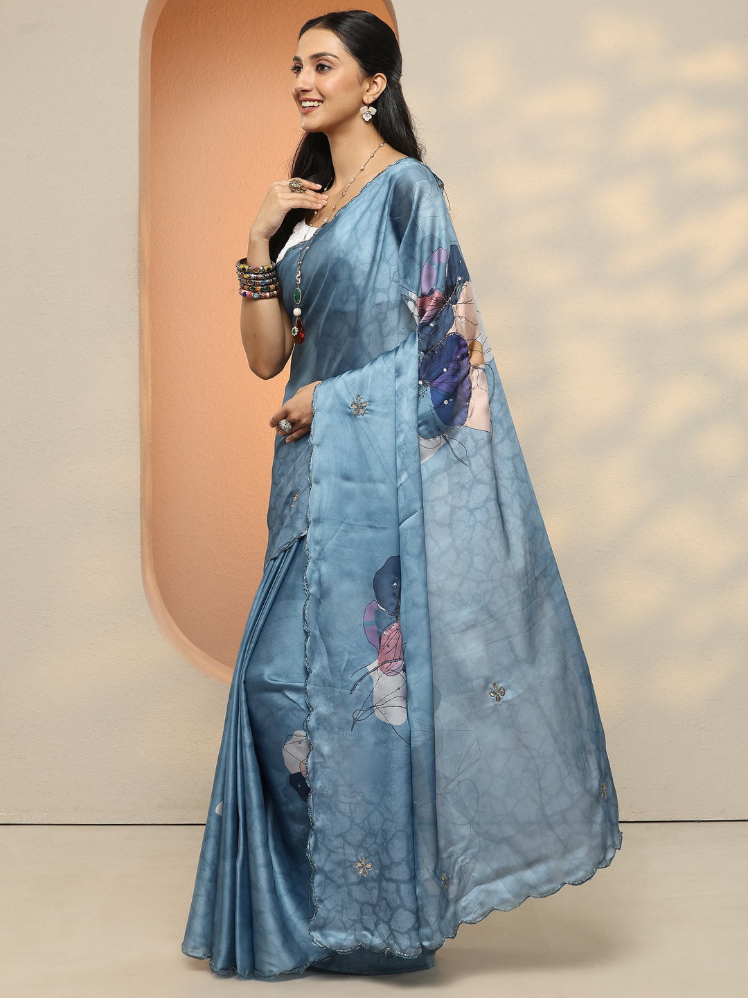  Blue Printed Silk Blend Saree With Unstitched Blouse Piece 