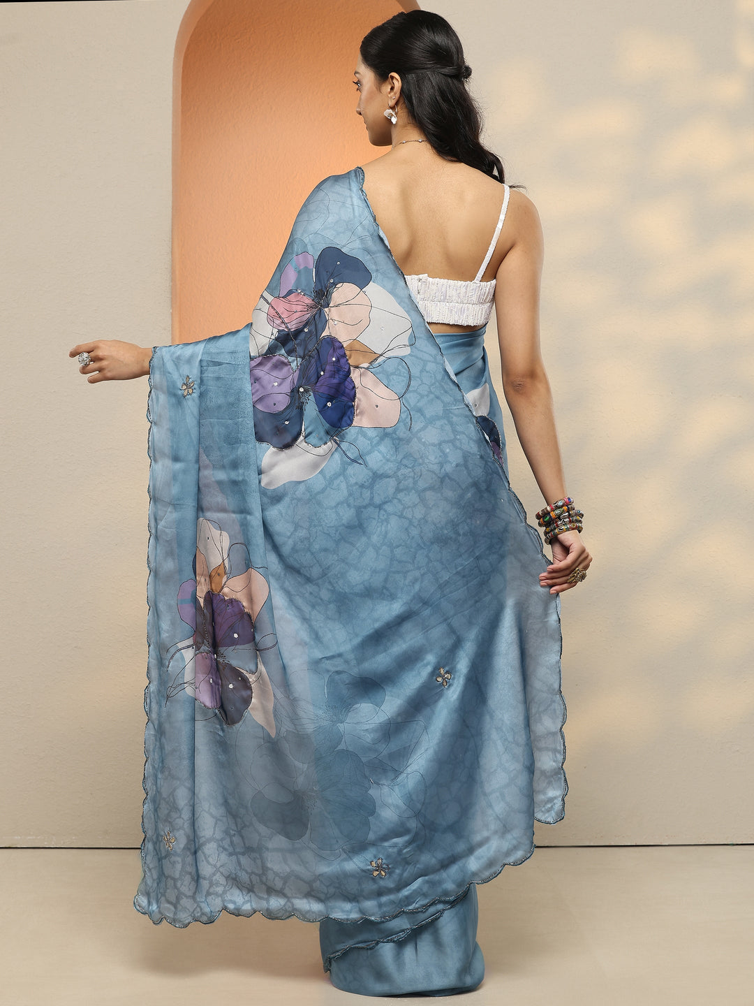  Blue Printed Silk Blend Saree With Unstitched Blouse Piece 