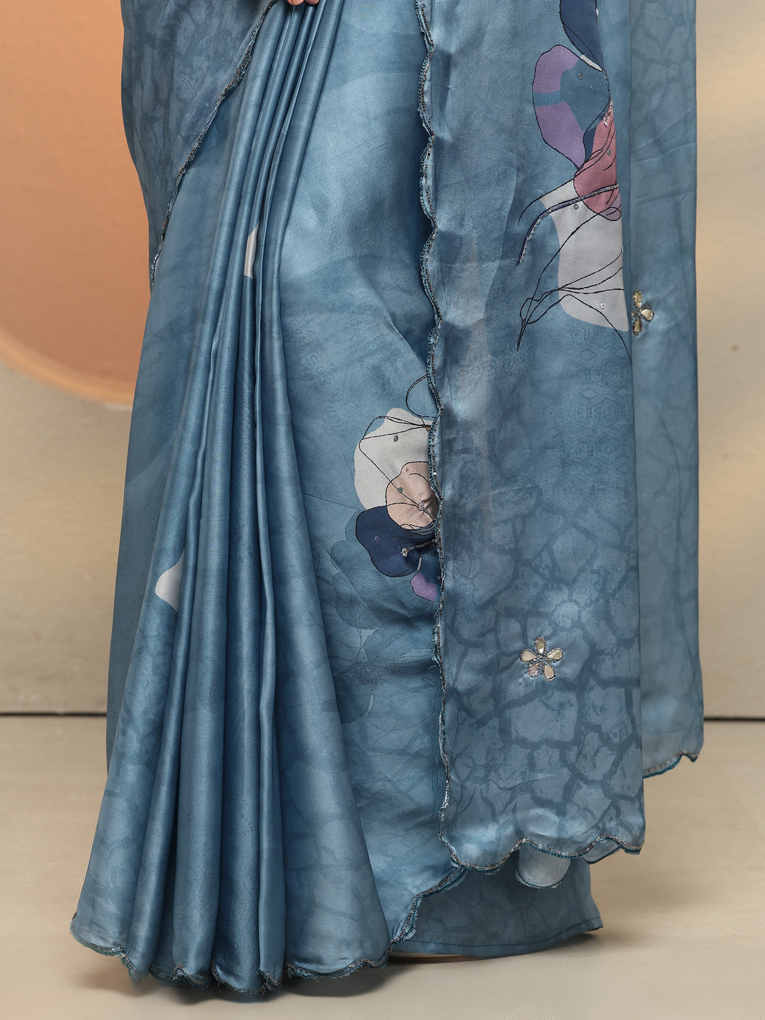  Blue Printed Silk Blend Saree With Unstitched Blouse Piece 