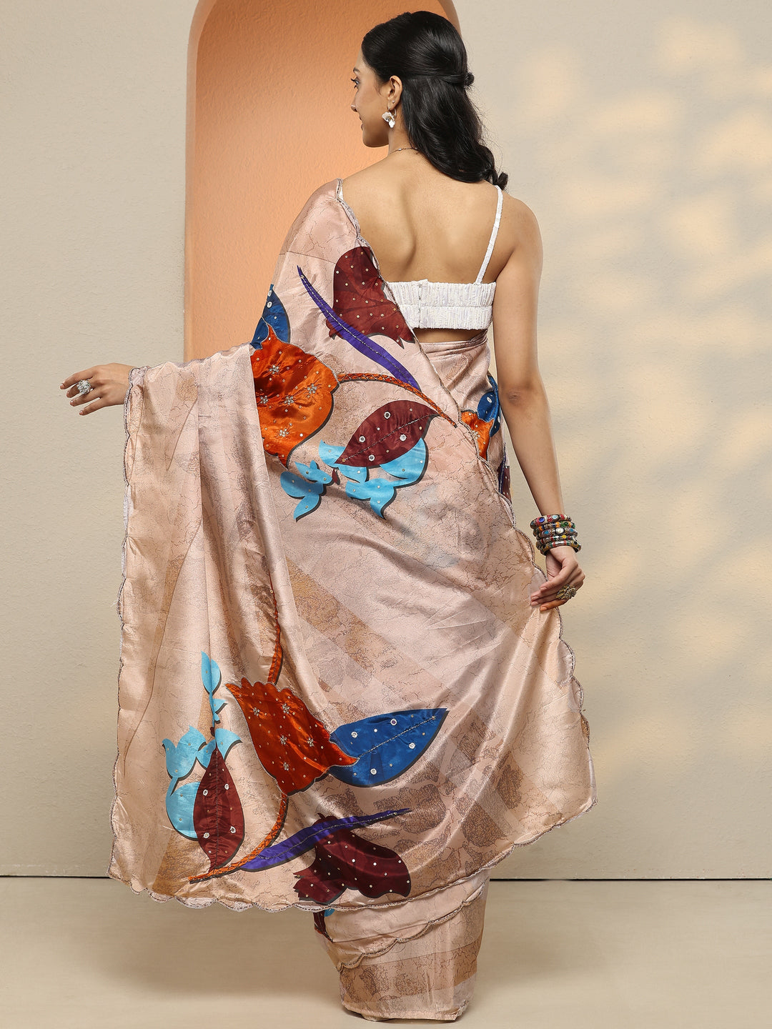  Beige Printed Silk Blend Saree With Unstitched Blouse Piece 