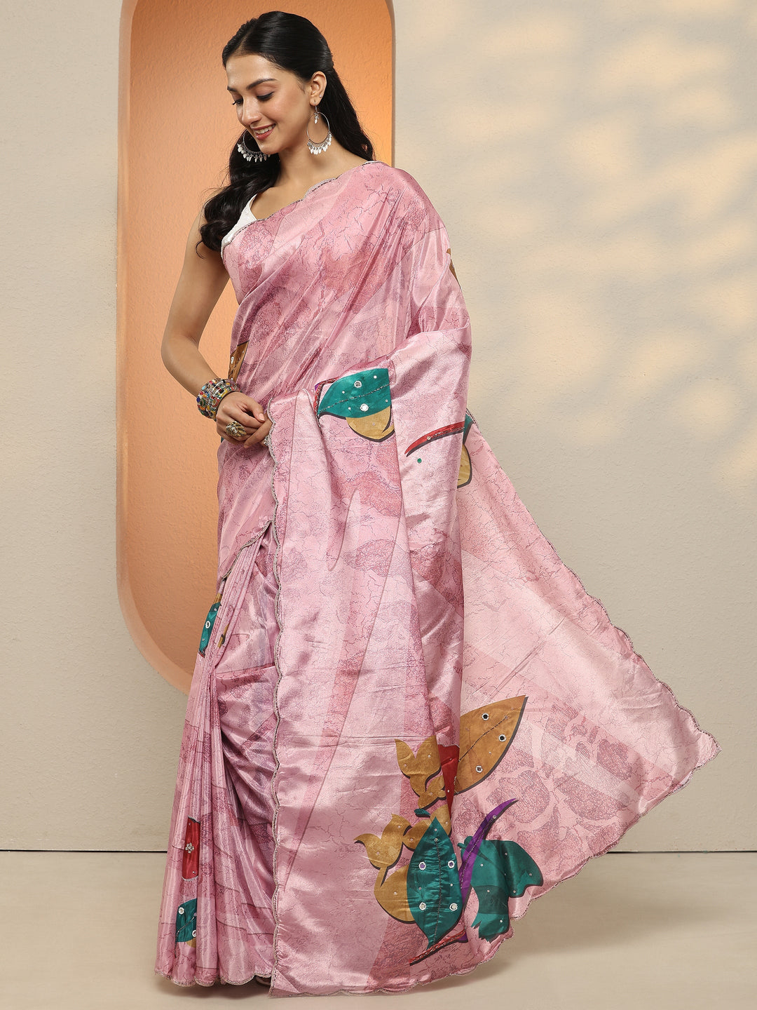  Pink Printed Silk Blend Saree With Unstitched Blouse Piece 