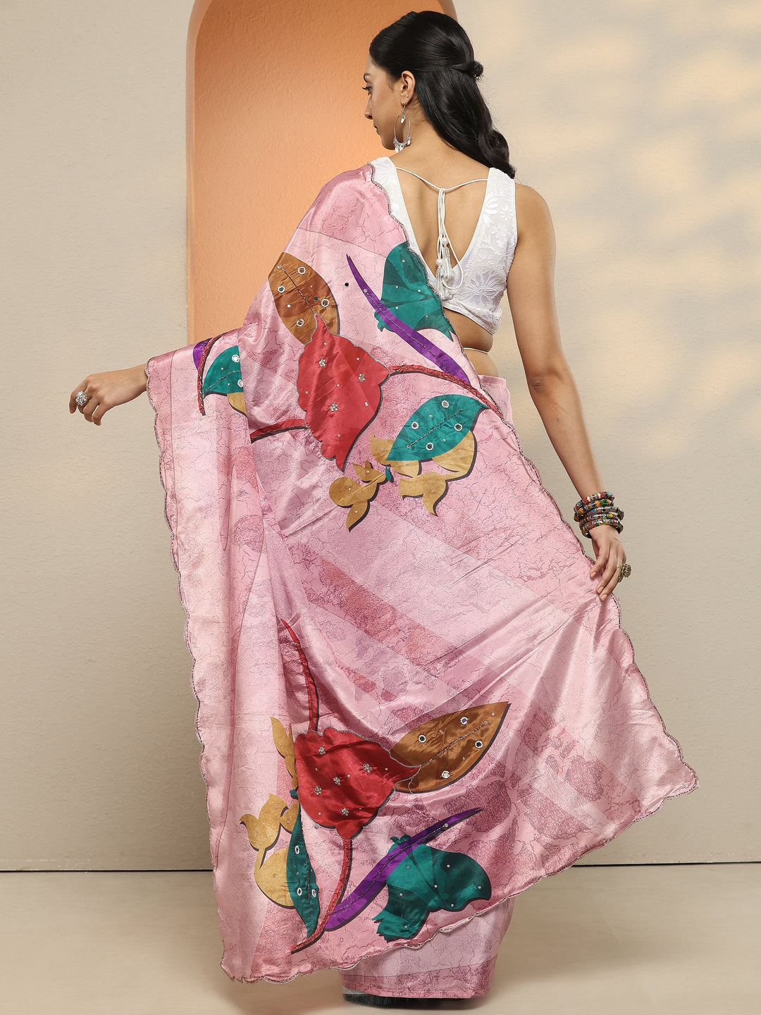  Pink Printed Silk Blend Saree With Unstitched Blouse Piece 