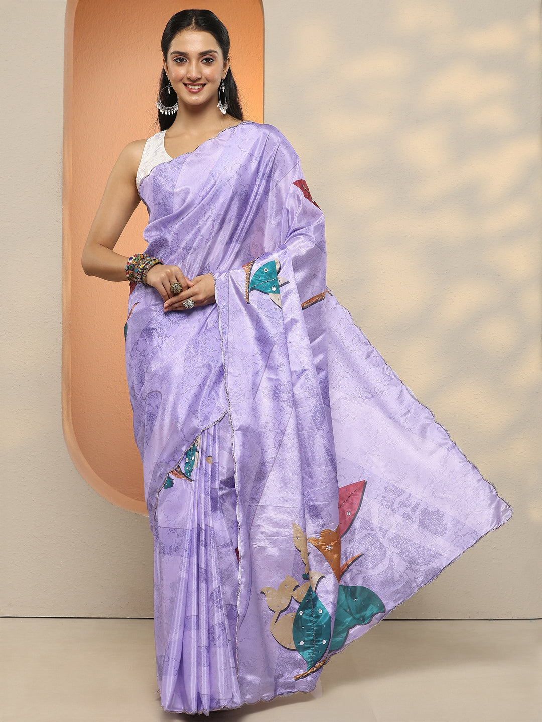  Lavender Printed Silk Blend Saree With Unstitched Blouse Piece 