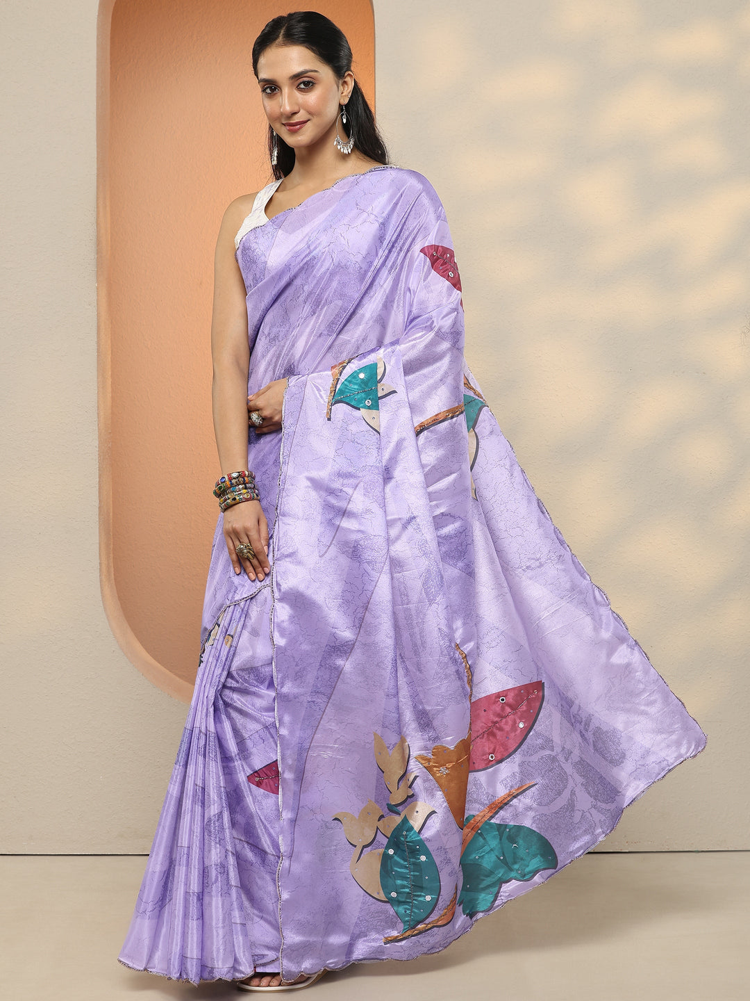  Lavender Printed Silk Blend Saree With Unstitched Blouse Piece 