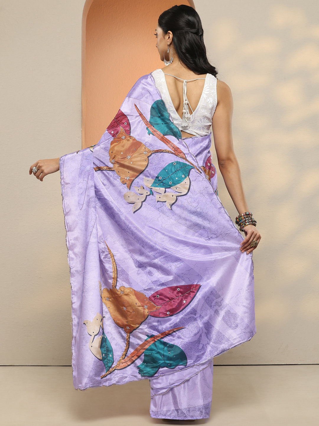  Lavender Printed Silk Blend Saree With Unstitched Blouse Piece 