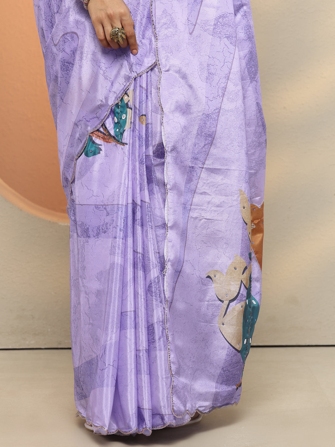  Lavender Printed Silk Blend Saree With Unstitched Blouse Piece 