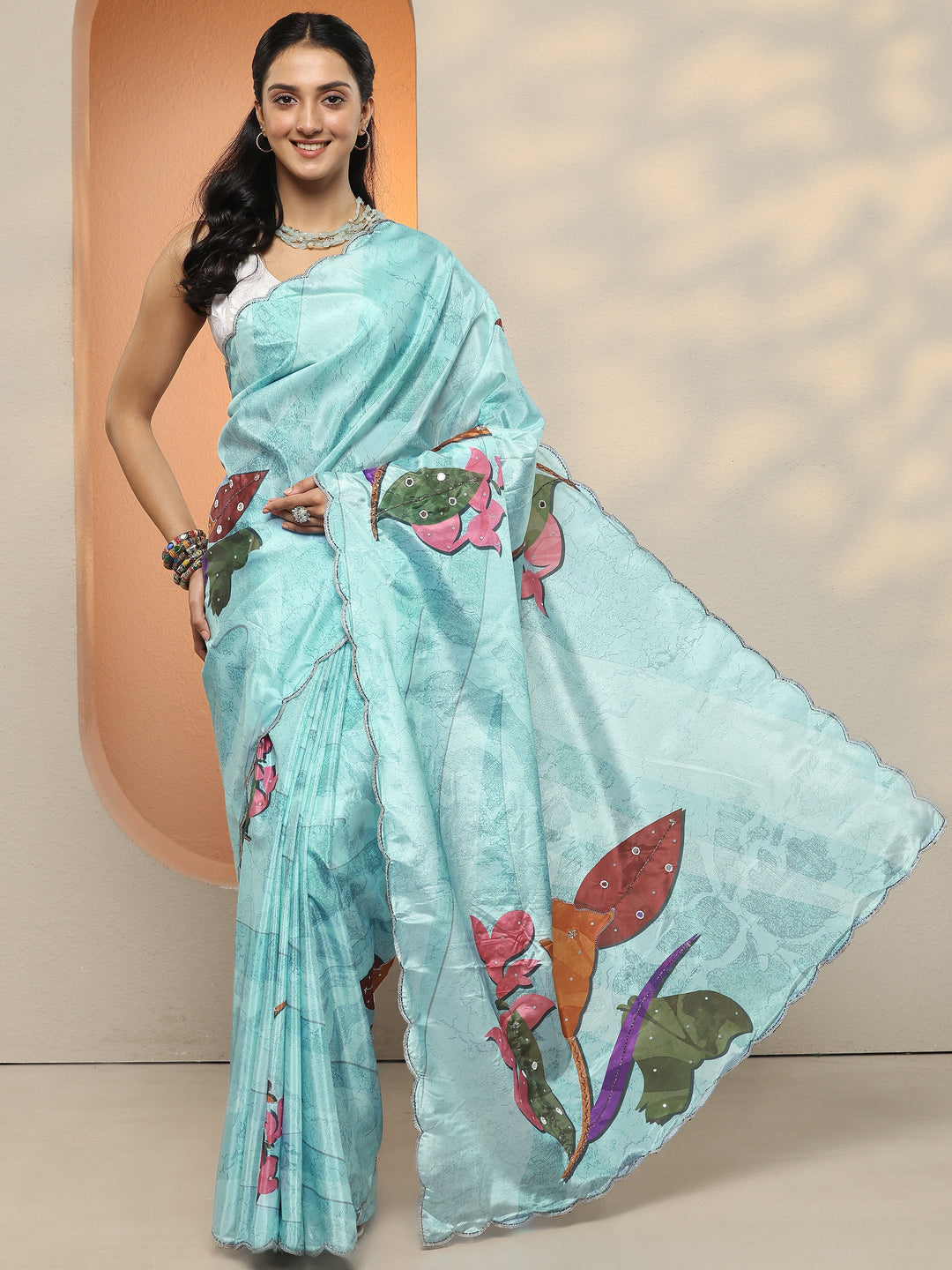 Blue Printed Silk Blend Saree With Unstitched Blouse Piece 