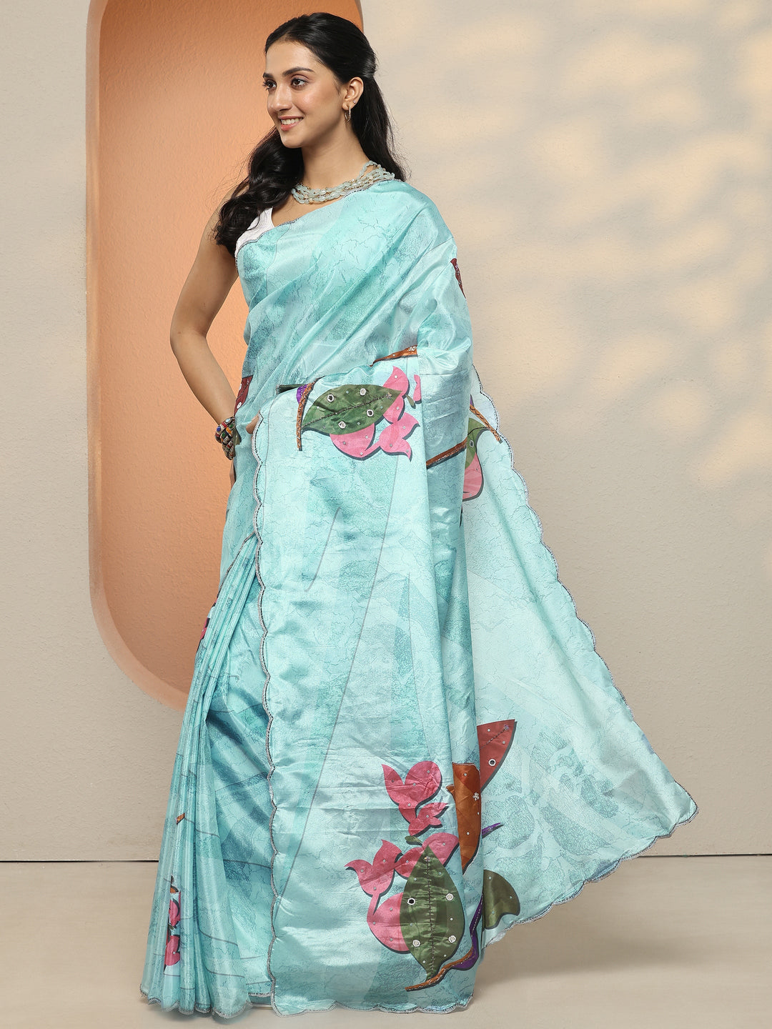  Blue Printed Silk Blend Saree With Unstitched Blouse Piece 