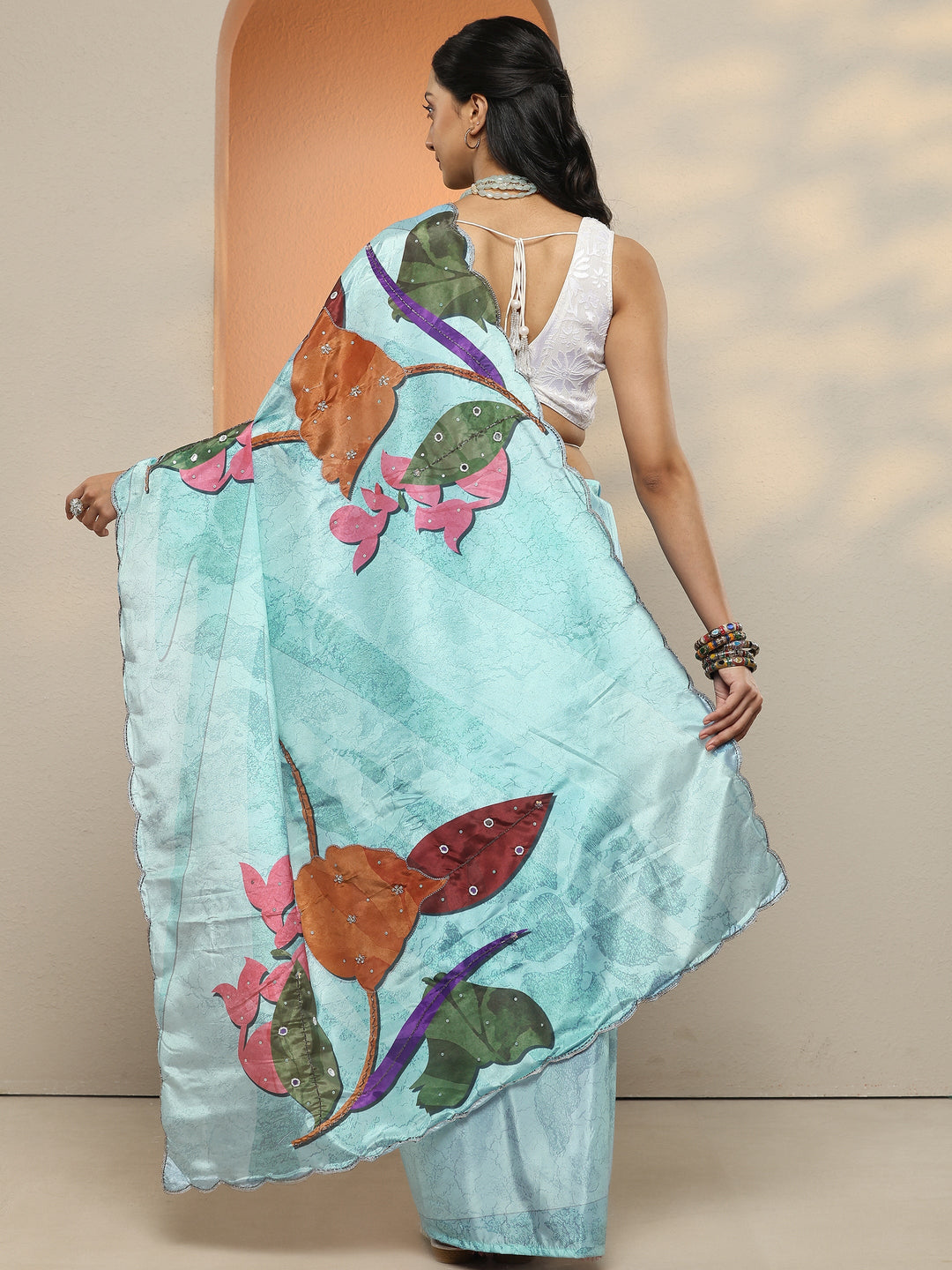  Blue Printed Silk Blend Saree With Unstitched Blouse Piece 
