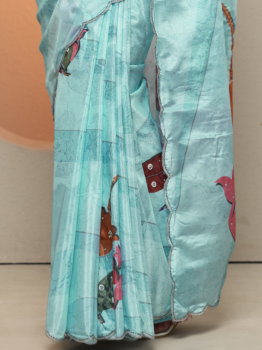  Blue Printed Silk Blend Saree With Unstitched Blouse Piece 