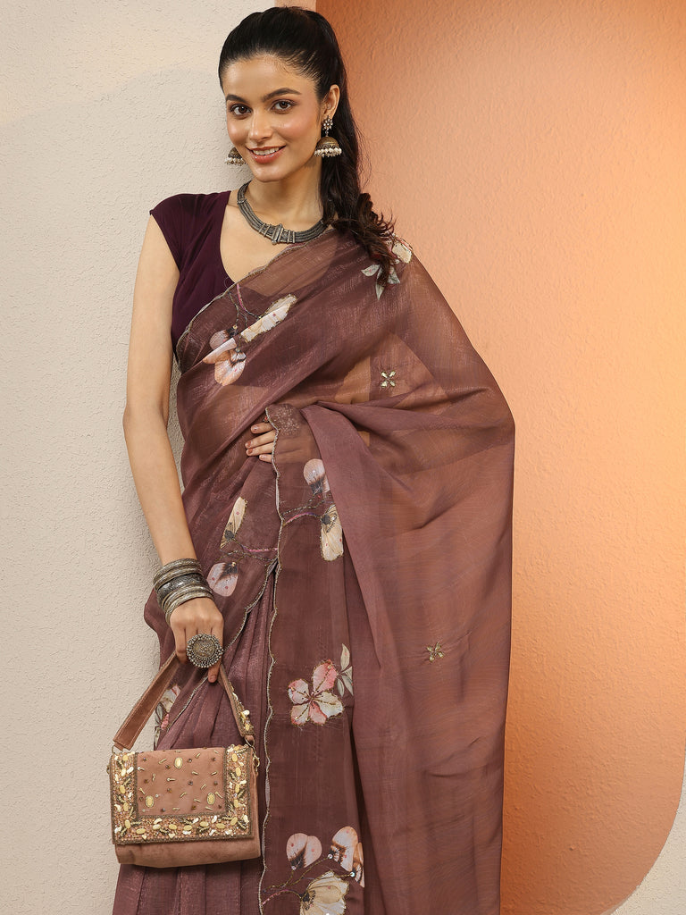 Libas Brown Printed Silk Blend Sarees With Unstitched Blouse Piece