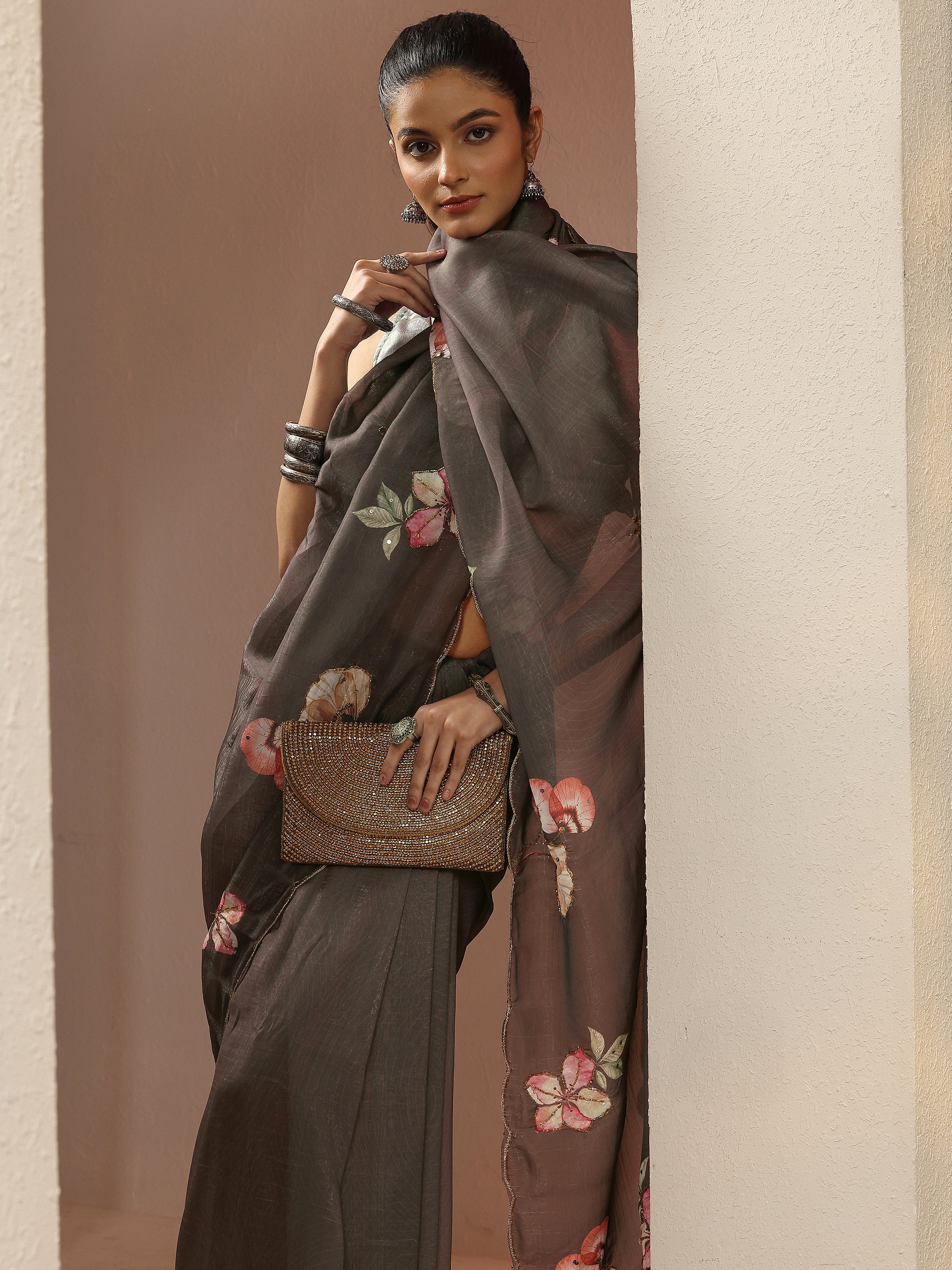 Brown Printed Silk Blend Sarees With Unstitched Blouse Piece-image-47