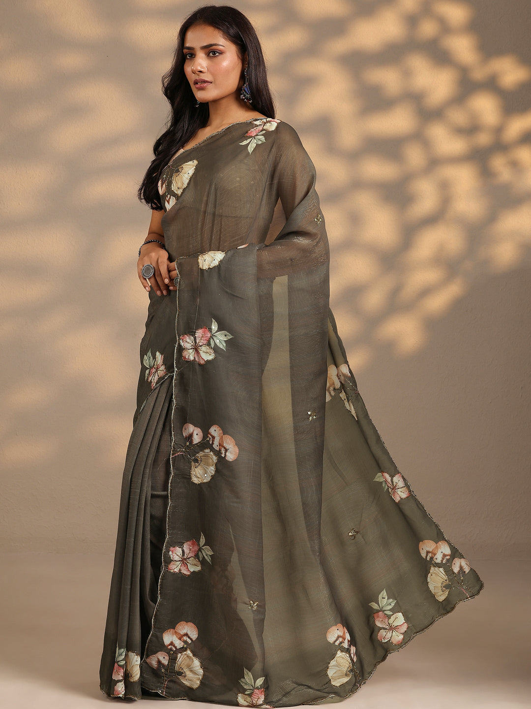  Green Printed Silk Blend Saree With Unstitched Blouse Piece 