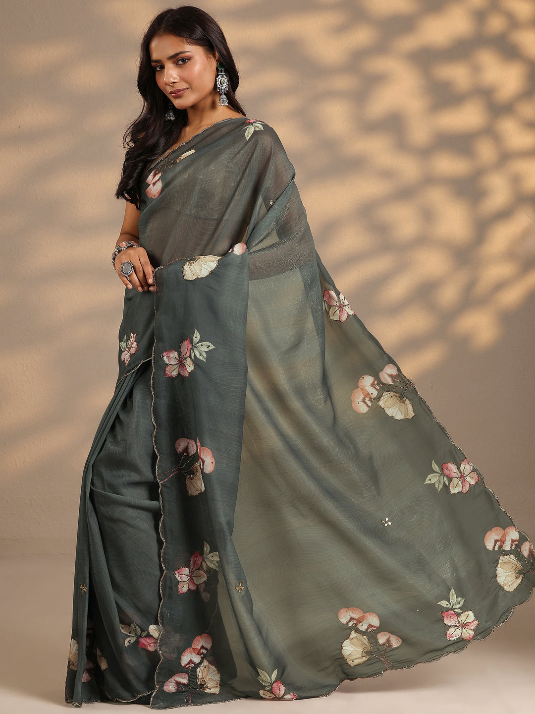  Grey Printed Silk Blend Saree With Unstitched Blouse Piece 