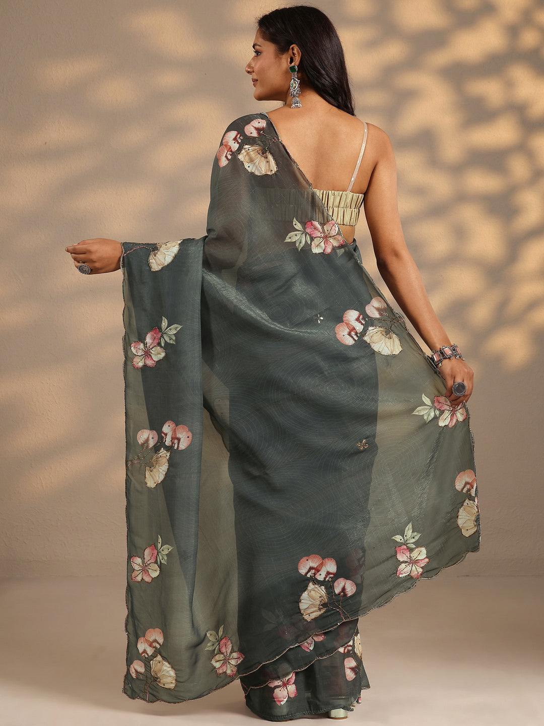  Grey Printed Silk Blend Saree With Unstitched Blouse Piece 