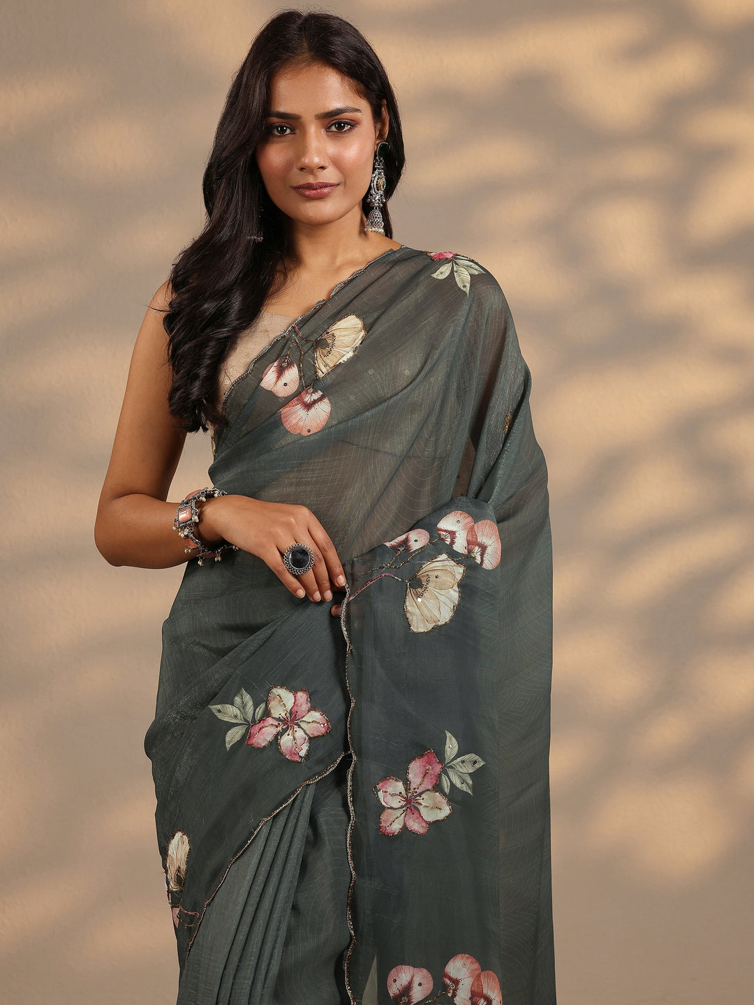  Grey Printed Silk Blend Saree With Unstitched Blouse Piece 