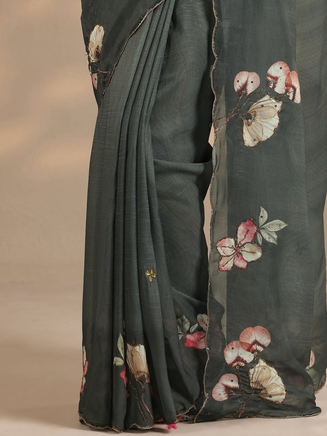  Grey Printed Silk Blend Saree With Unstitched Blouse Piece 