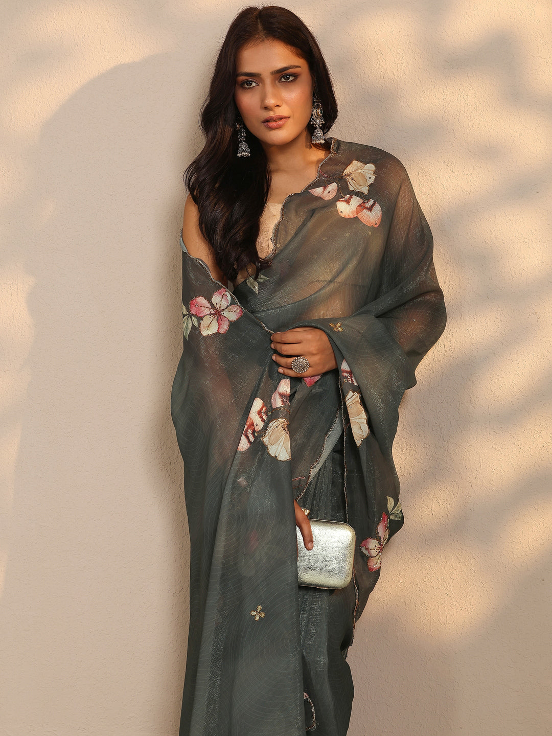  Grey Printed Silk Blend Saree With Unstitched Blouse Piece 