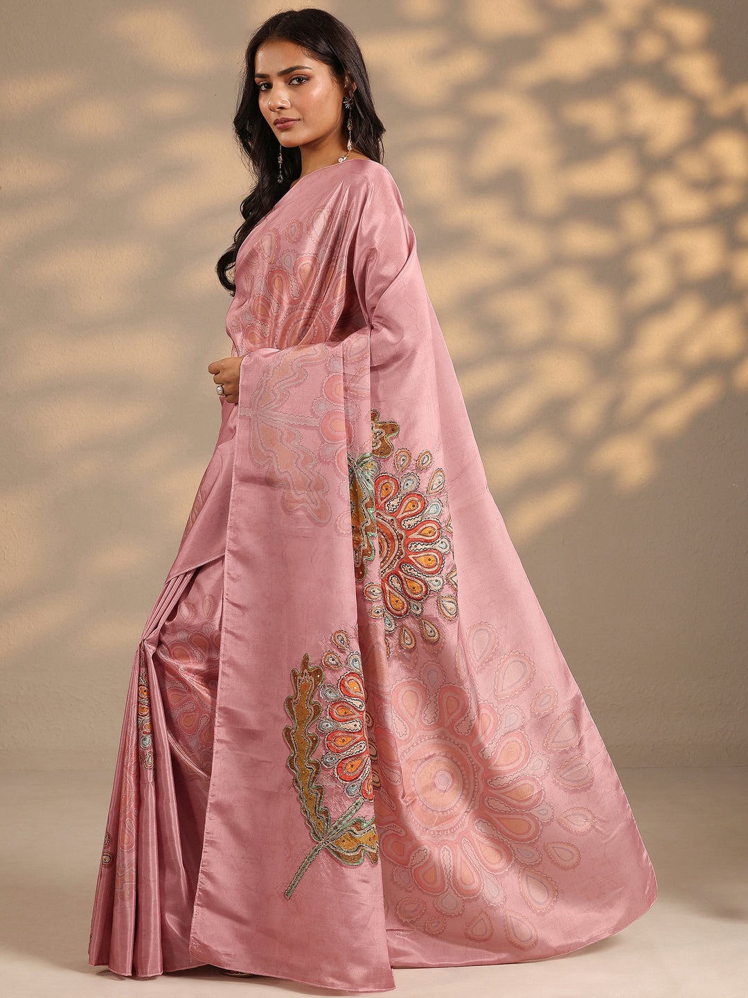  Peach Printed Silk Blend Saree With Unstitched Blouse Piece 