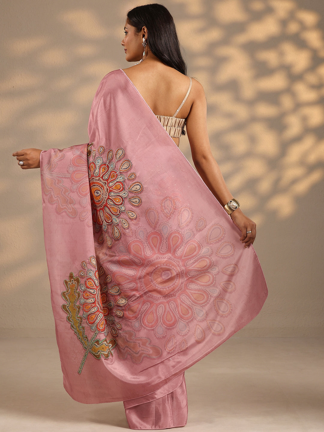  Peach Printed Silk Blend Saree With Unstitched Blouse Piece 