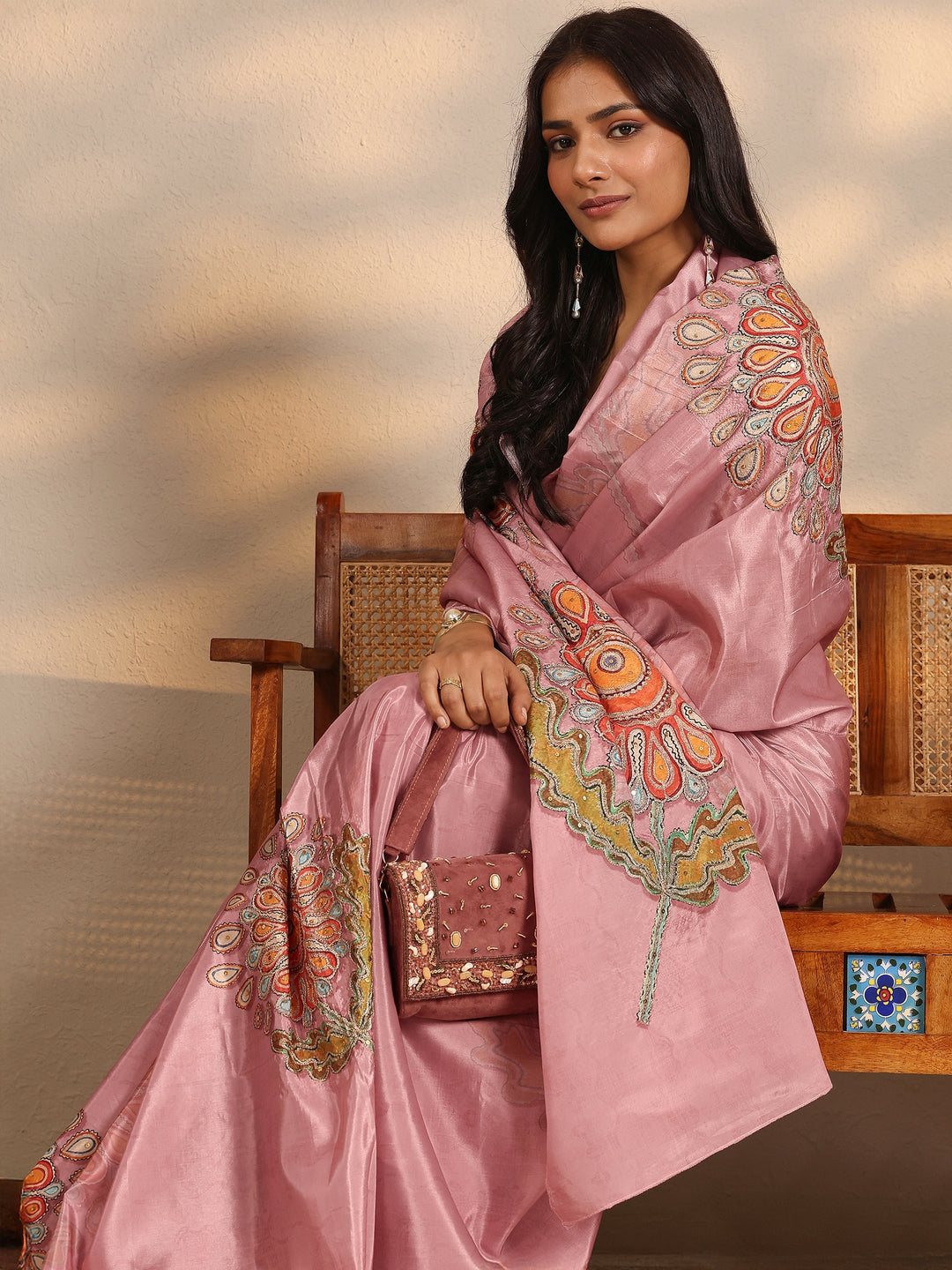 Peach Printed Silk Blend Saree With Unstitched Blouse Piece 