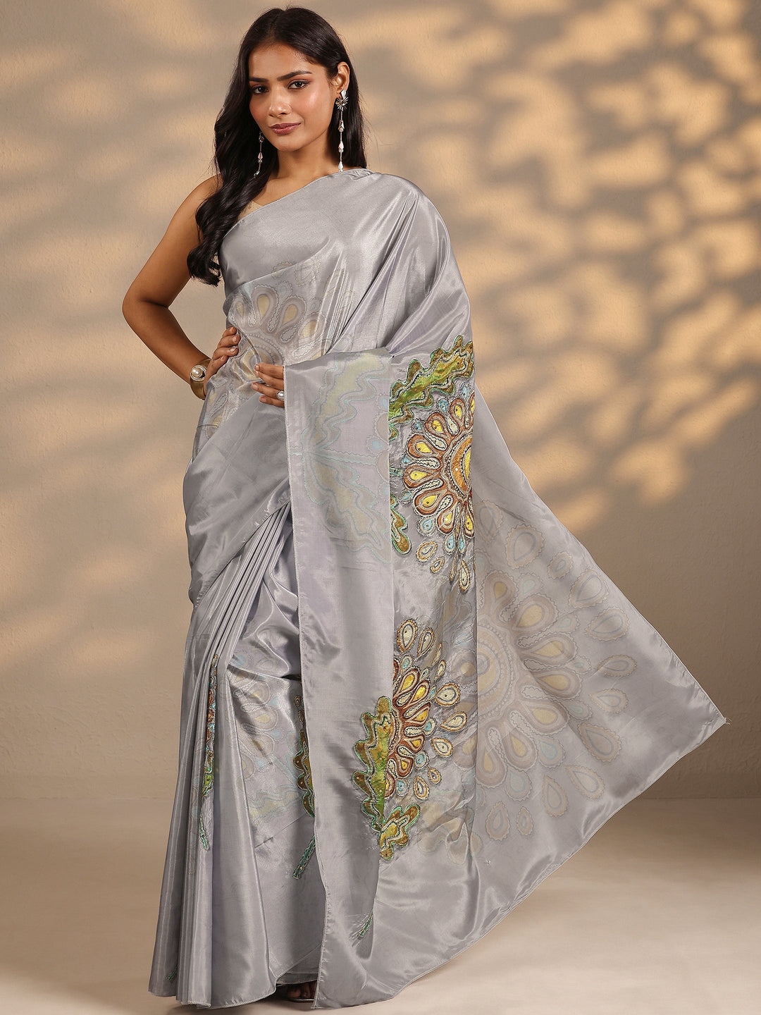  Grey Printed Silk Blend Saree With Unstitched Blouse Piece 