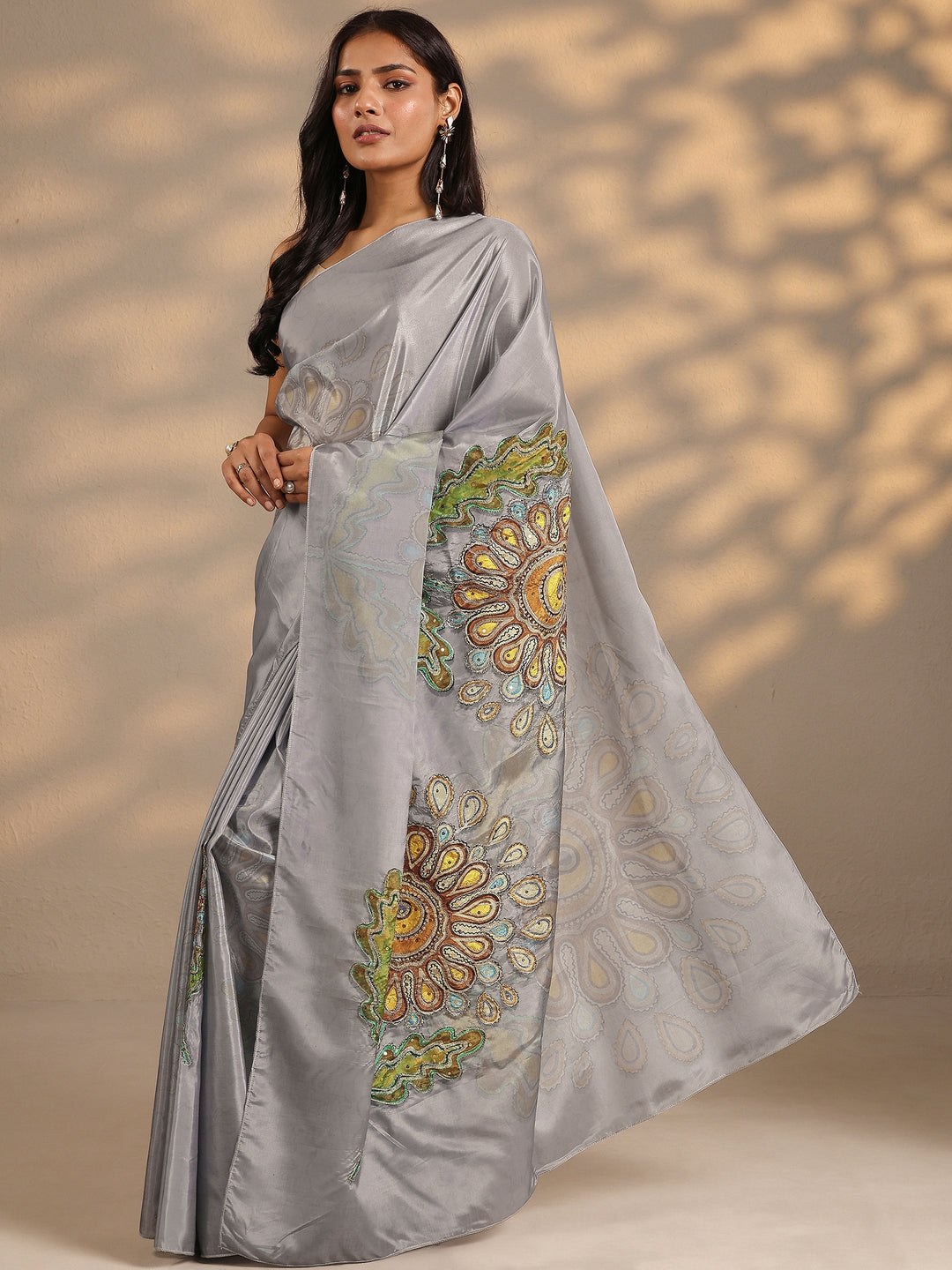  Grey Printed Silk Blend Saree With Unstitched Blouse Piece 