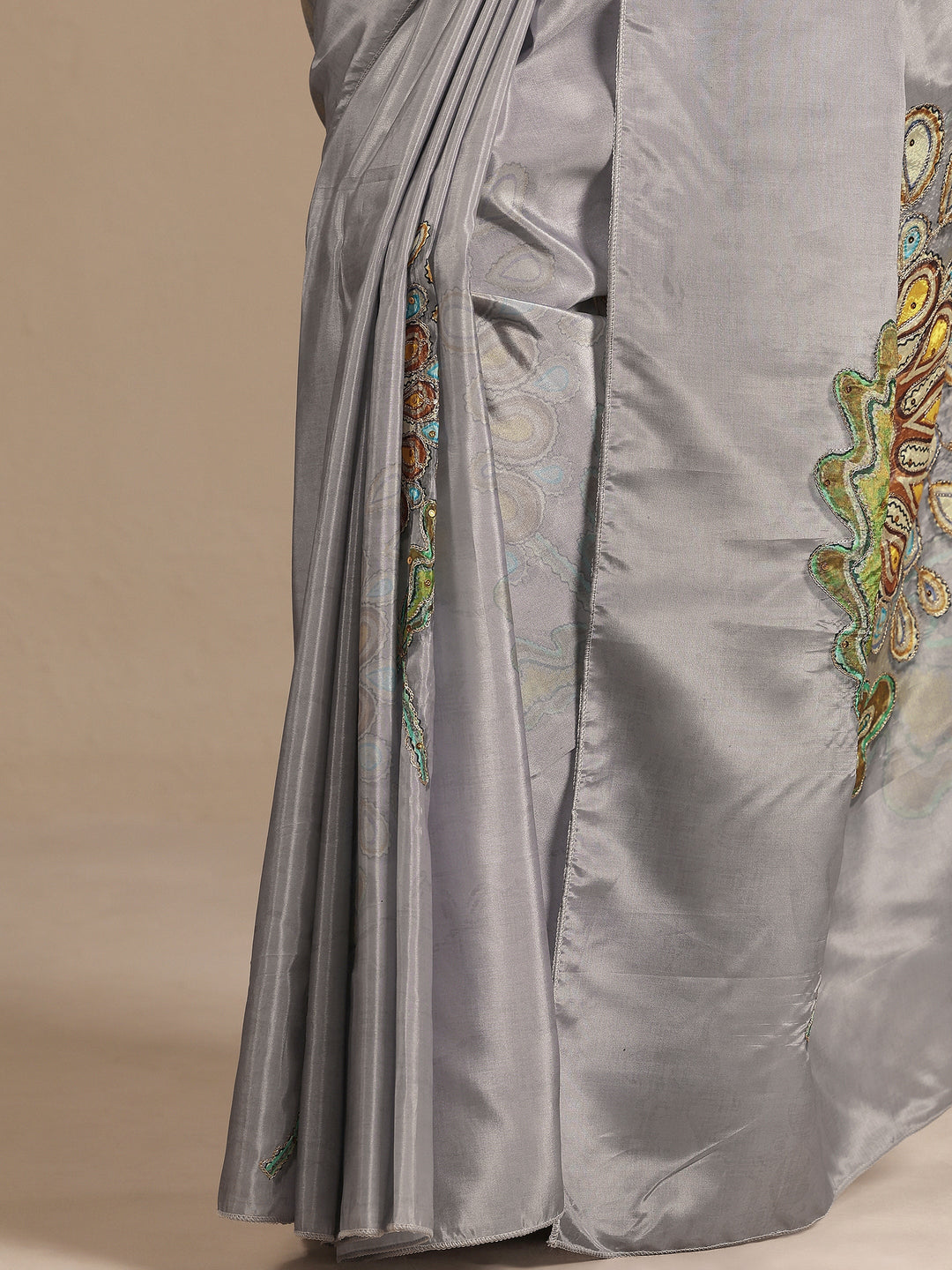  Grey Printed Silk Blend Saree With Unstitched Blouse Piece 