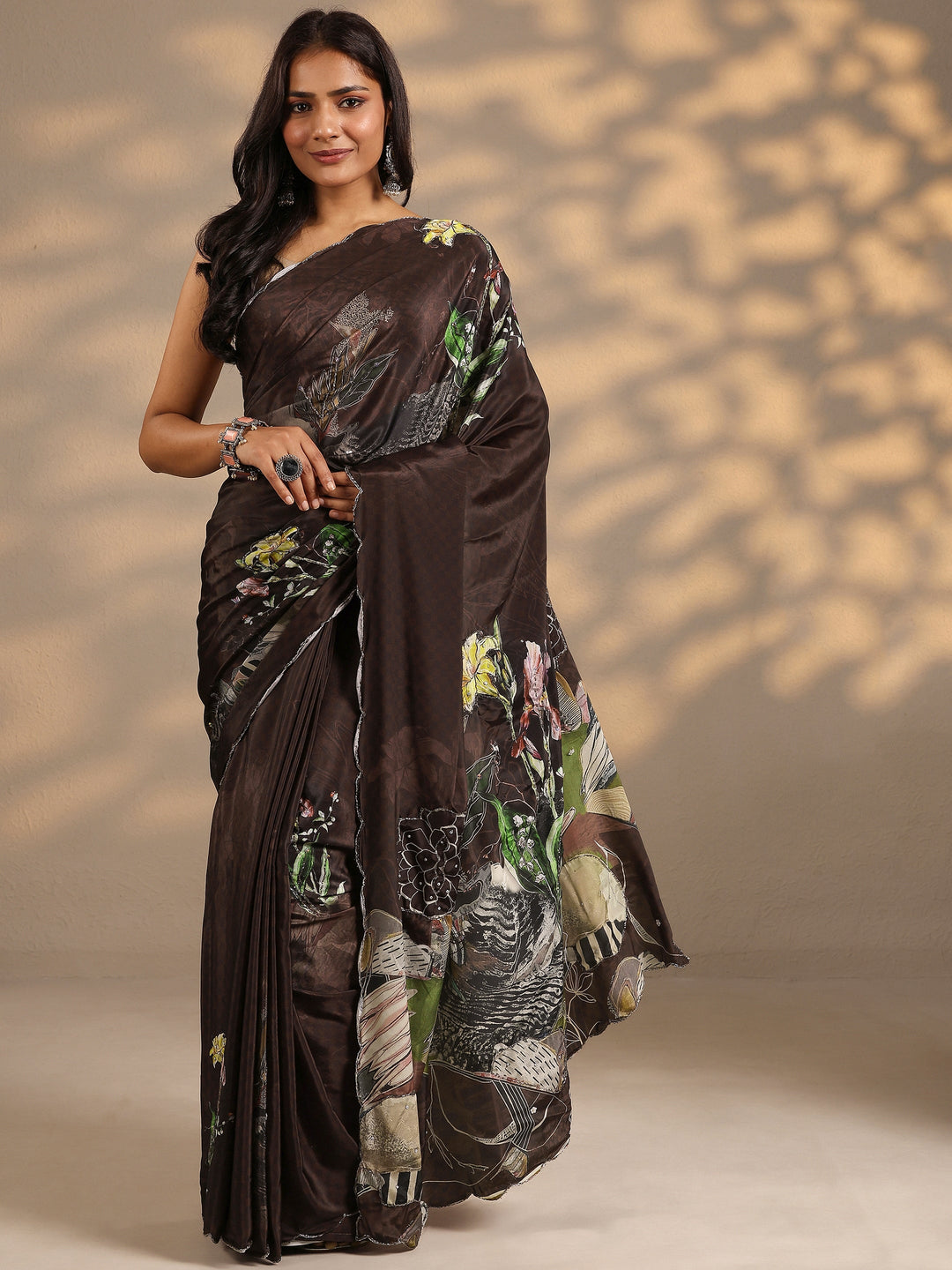  Brown Printed Silk Blend Saree With Unstitched Blouse Piece 
