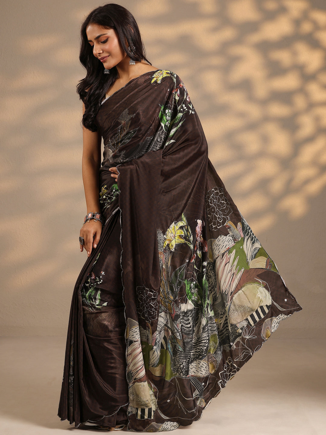  Brown Printed Silk Blend Saree With Unstitched Blouse Piece 
