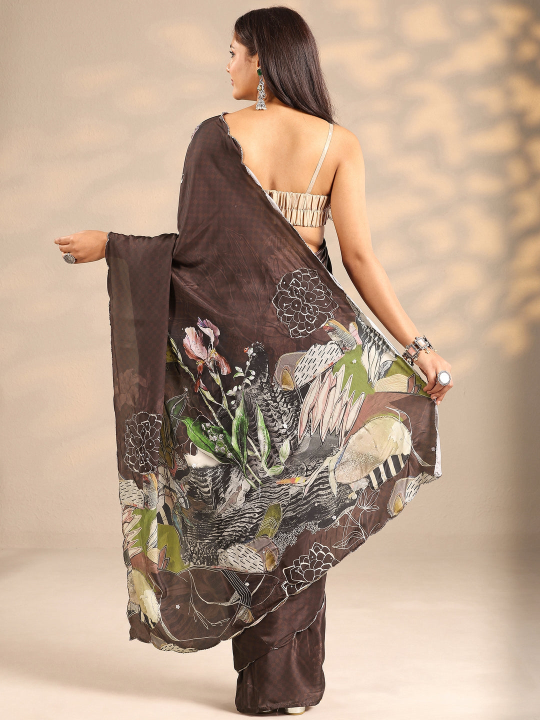  Brown Printed Silk Blend Saree With Unstitched Blouse Piece 