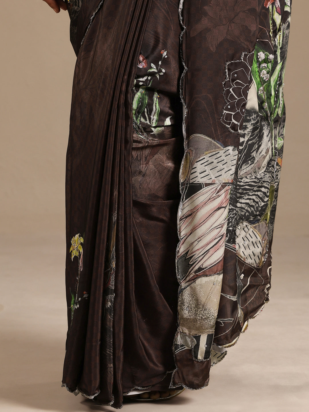  Brown Printed Silk Blend Saree With Unstitched Blouse Piece 