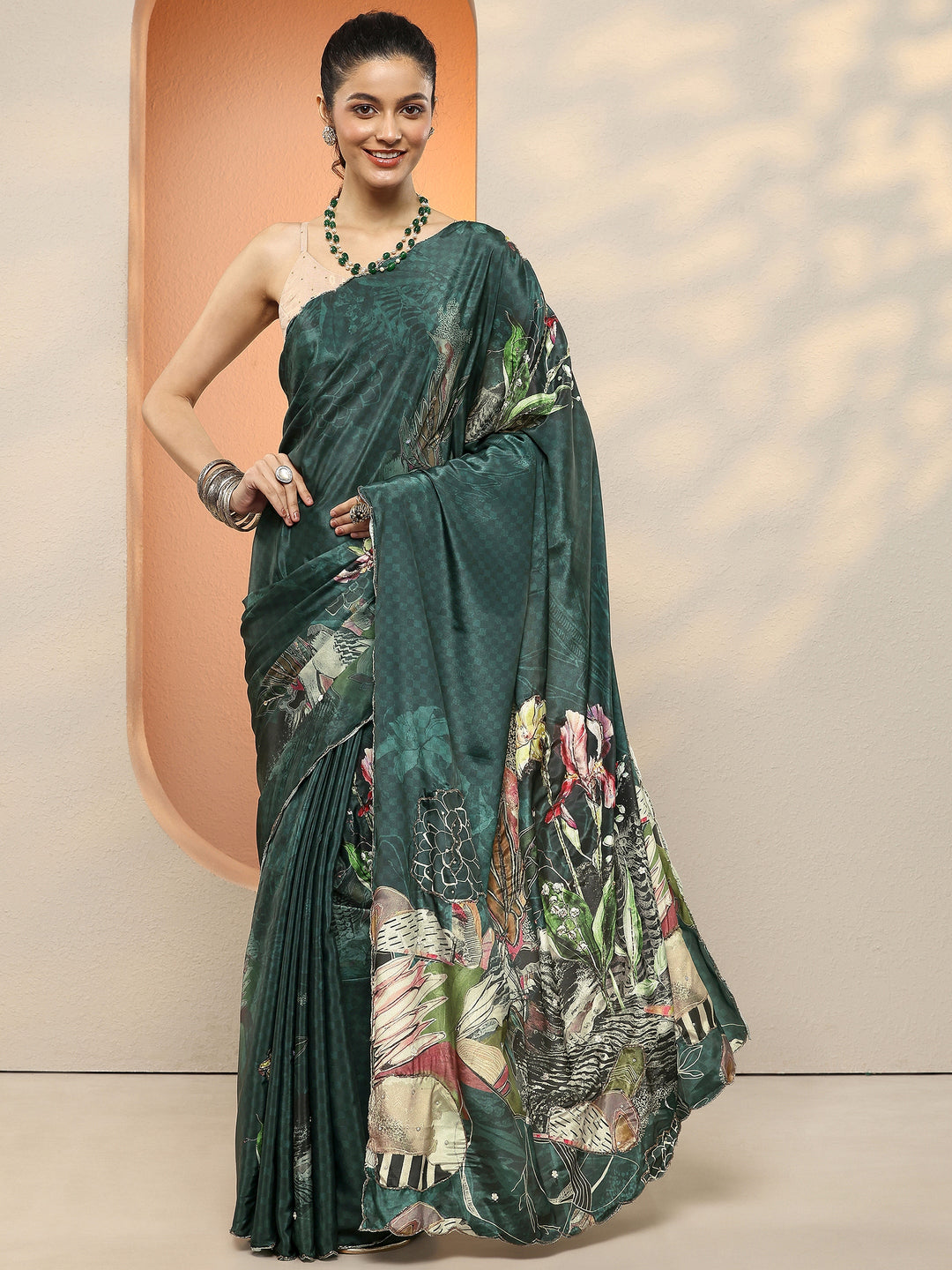  Teal Printed Silk Blend Sarees With Unstitched Blouse Piece 