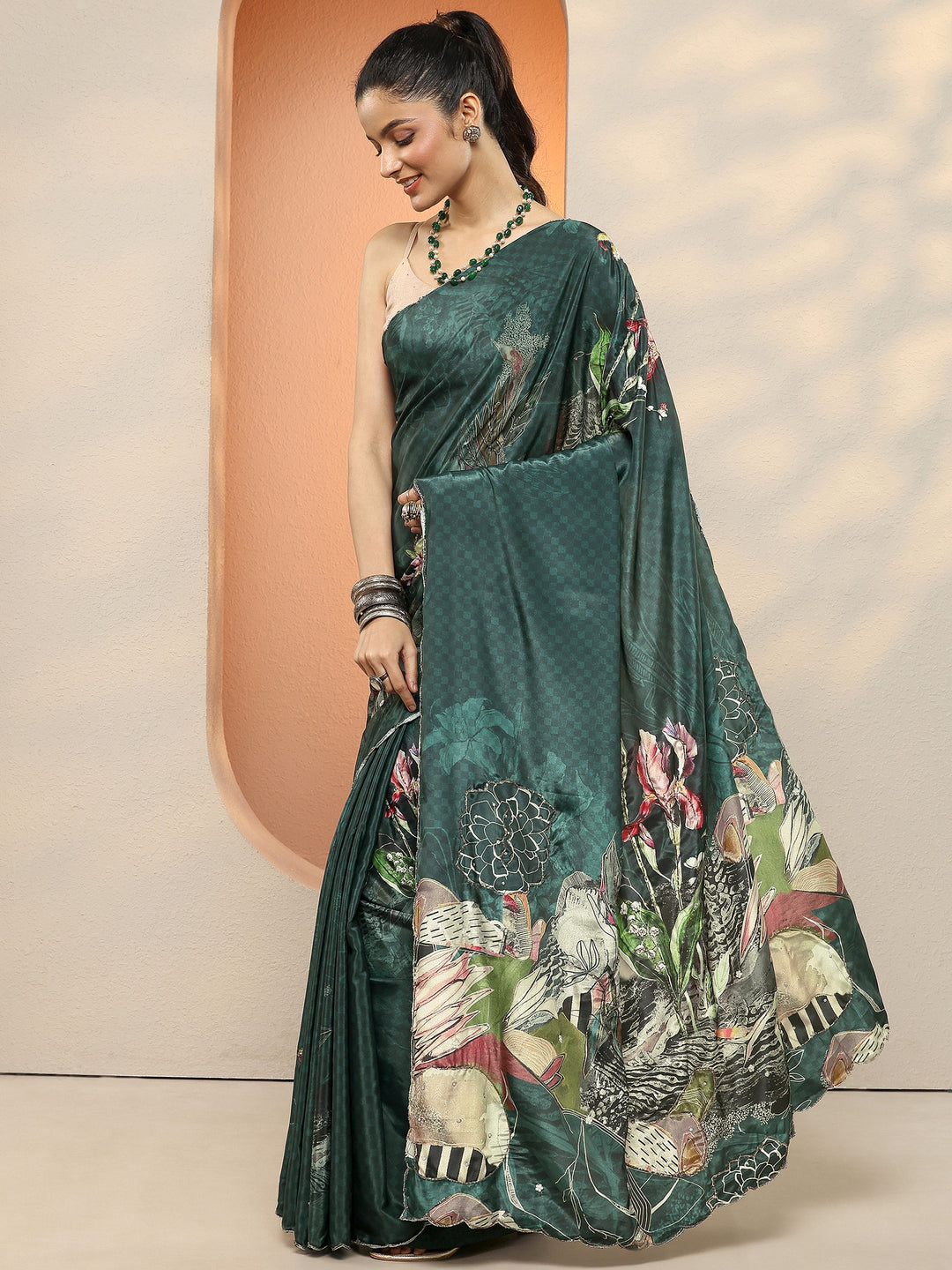  Teal Printed Silk Blend Sarees With Unstitched Blouse Piece 