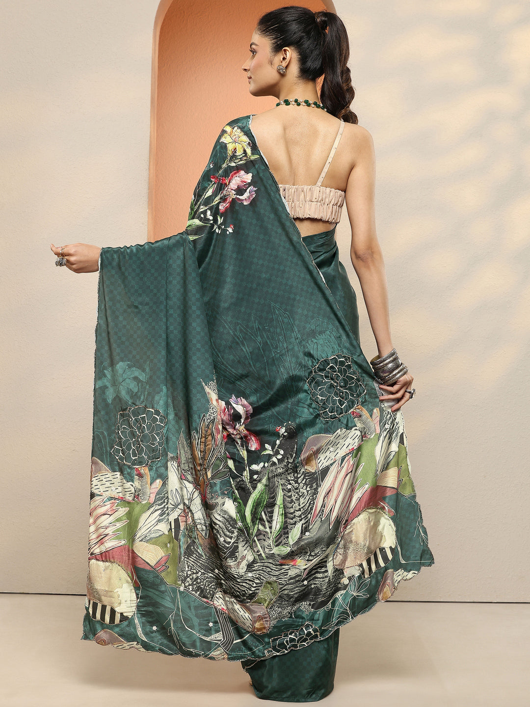  Teal Printed Silk Blend Sarees With Unstitched Blouse Piece 