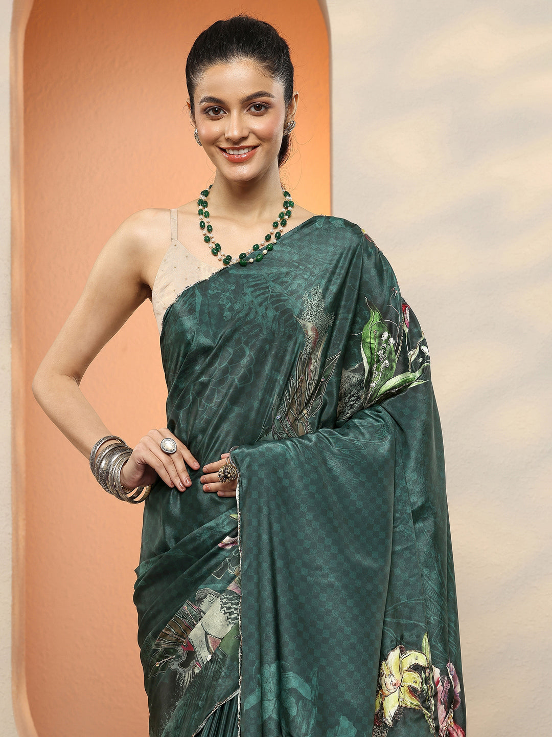  Teal Printed Silk Blend Sarees With Unstitched Blouse Piece 