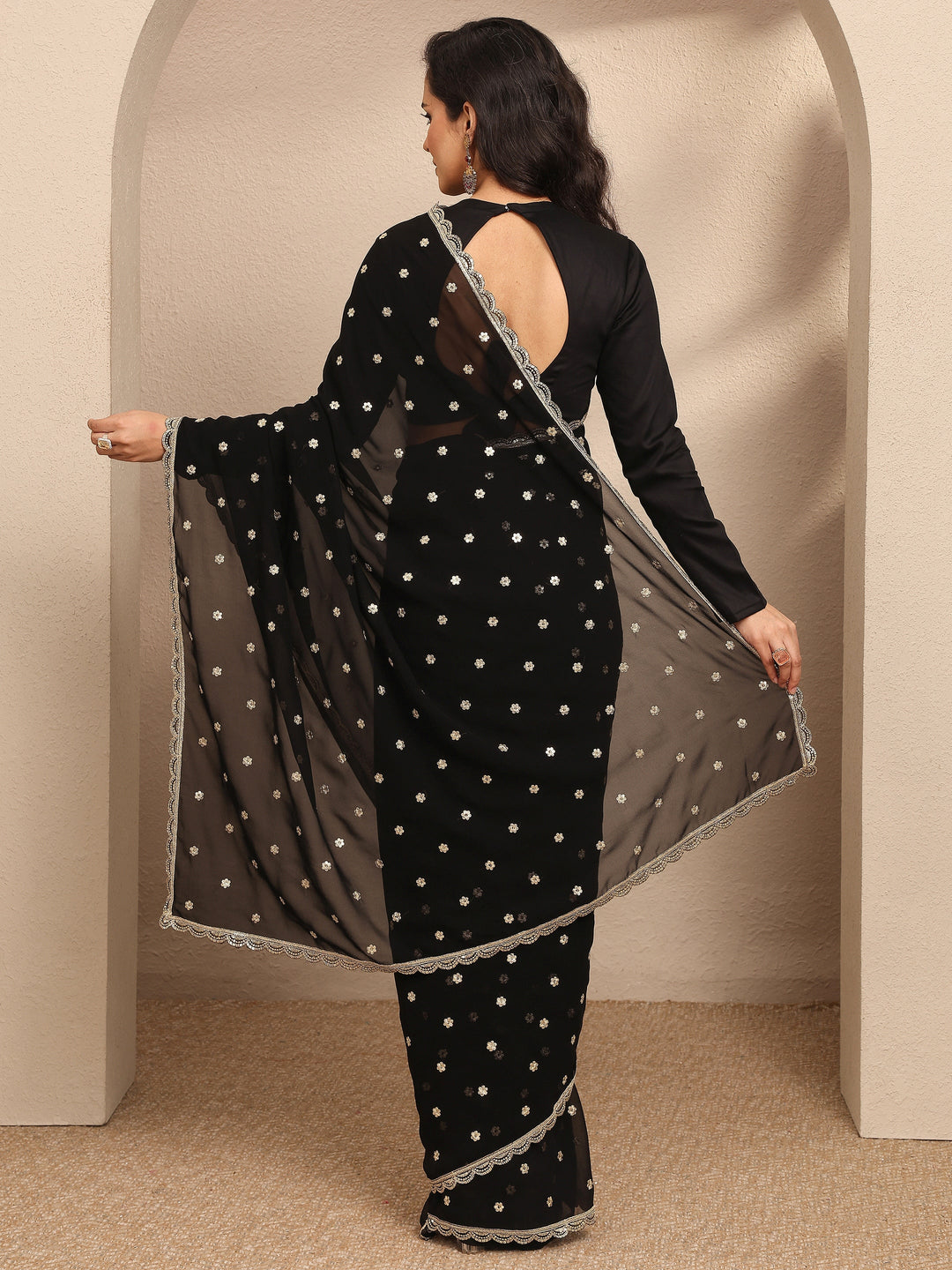  Black Embroidered Georgette Saree With Unstitched Blouse Piece 