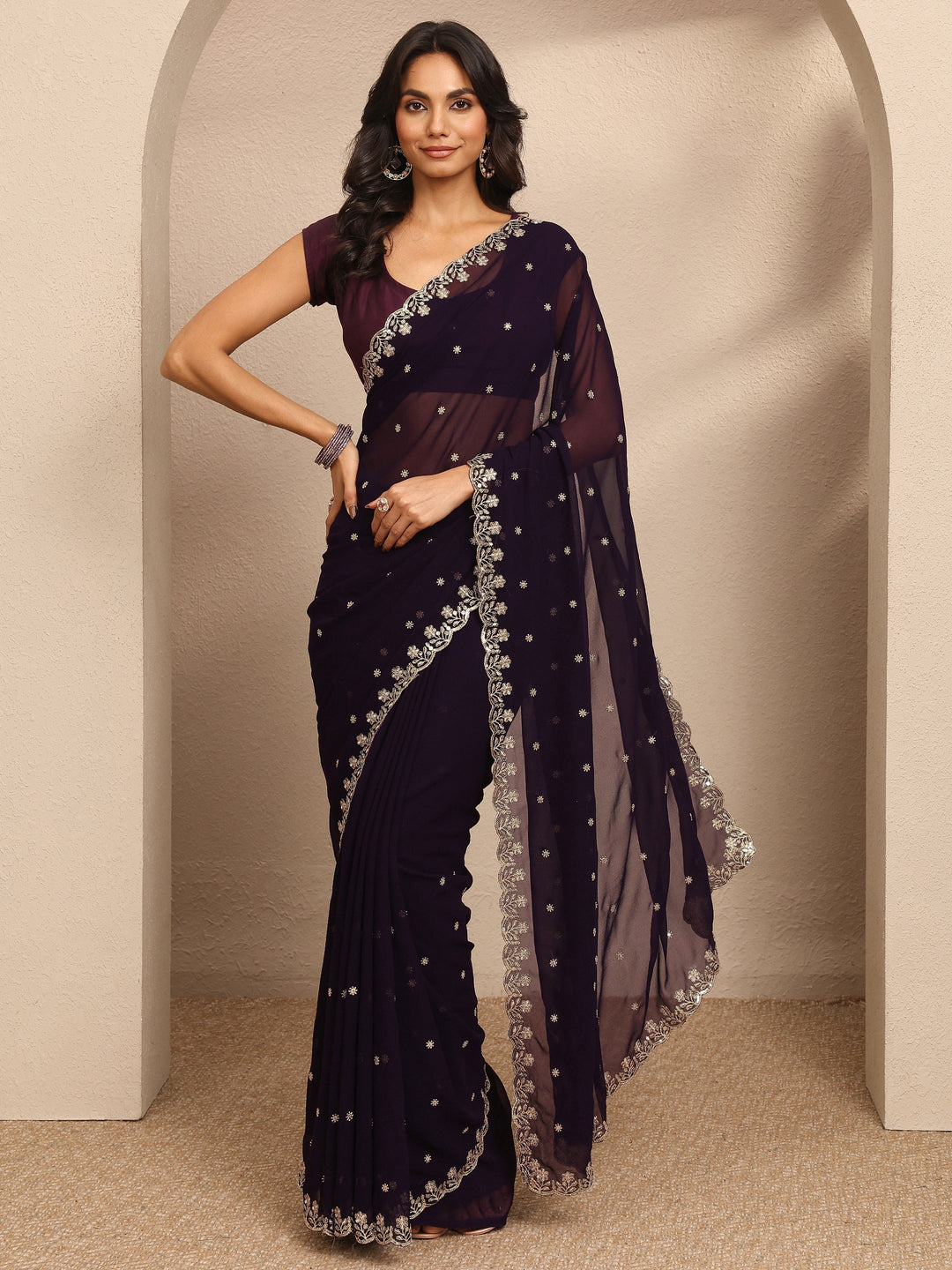 Burgundy Embroidered Georgette Saree With Unstitched Blouse Piece