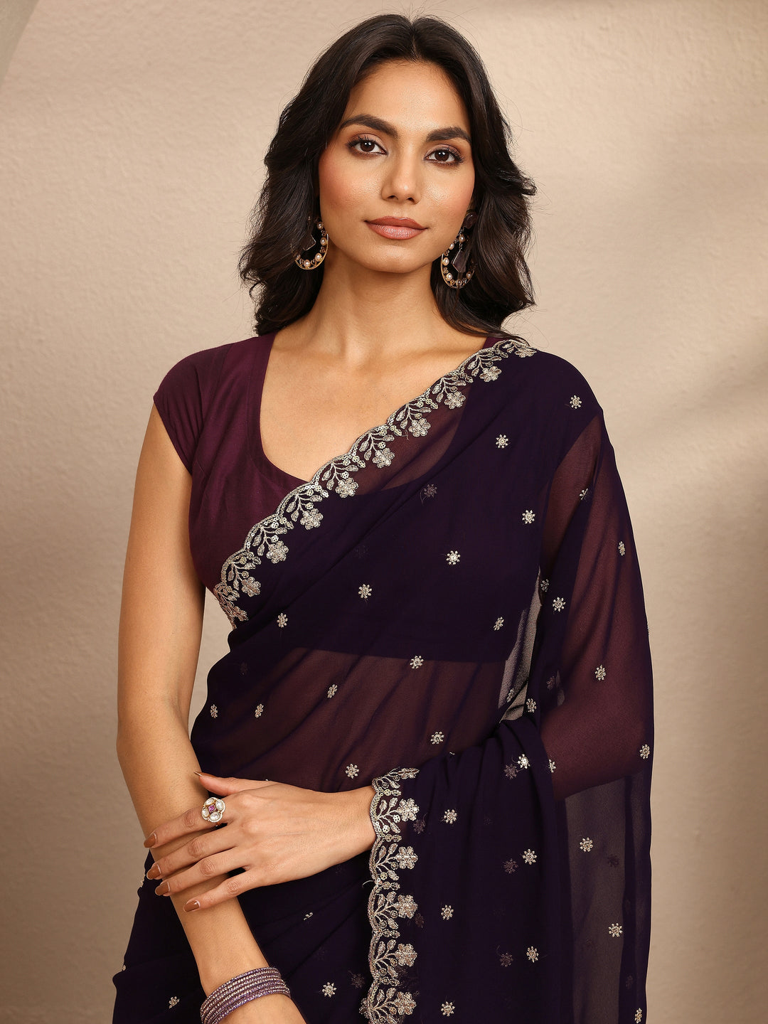  Burgundy Embroidered Georgette Saree With Unstitched Blouse Piece 