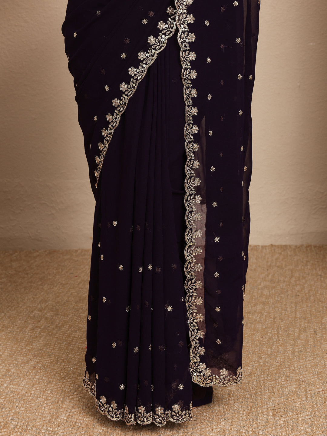  Burgundy Embroidered Georgette Saree With Unstitched Blouse Piece 