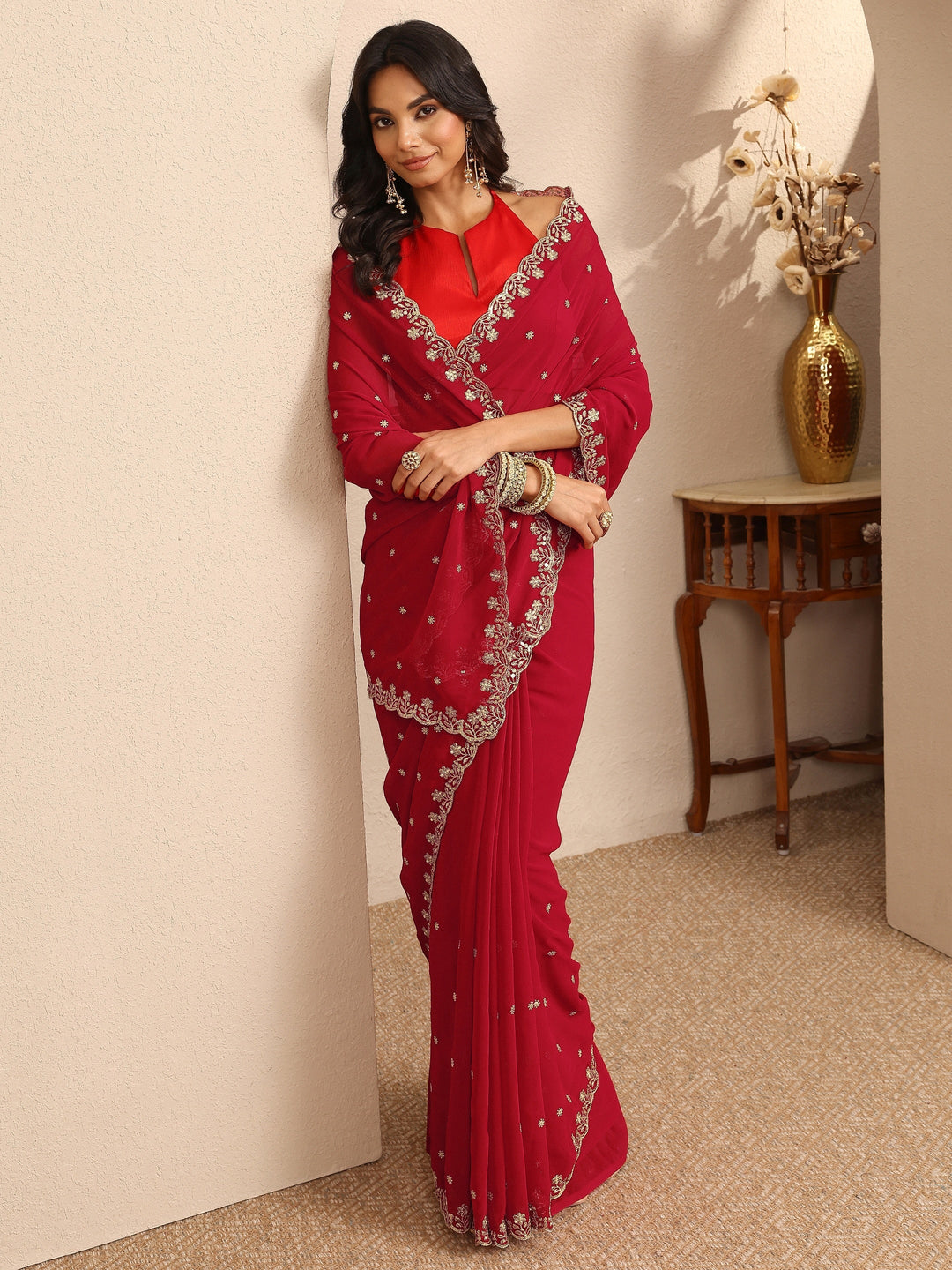 Red Embroidered Georgette Saree With Unstitched Blouse Piece 