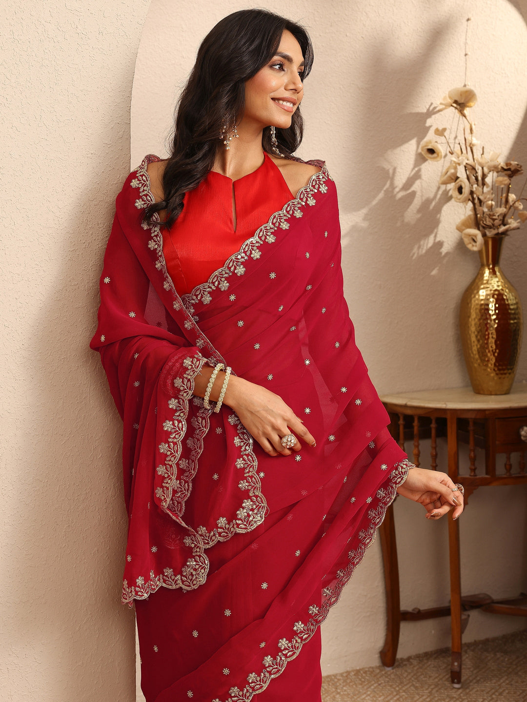  Red Embroidered Georgette Saree With Unstitched Blouse Piece 