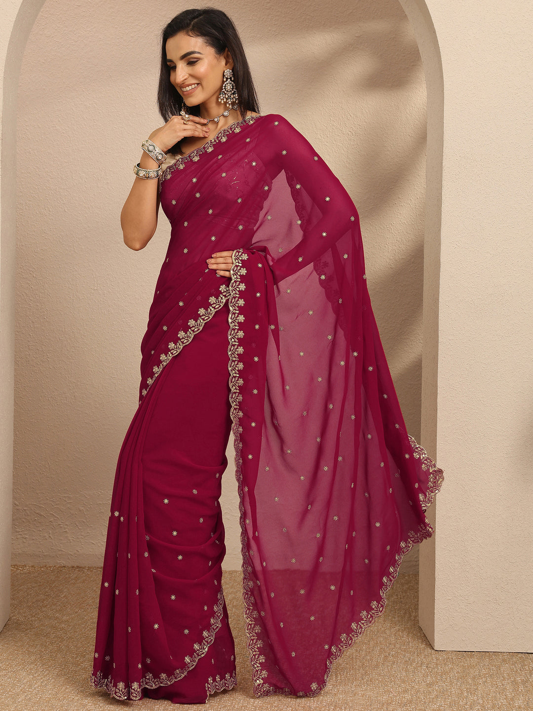  Pink Embroidered Georgette Saree With Unstitched Blouse Piece 