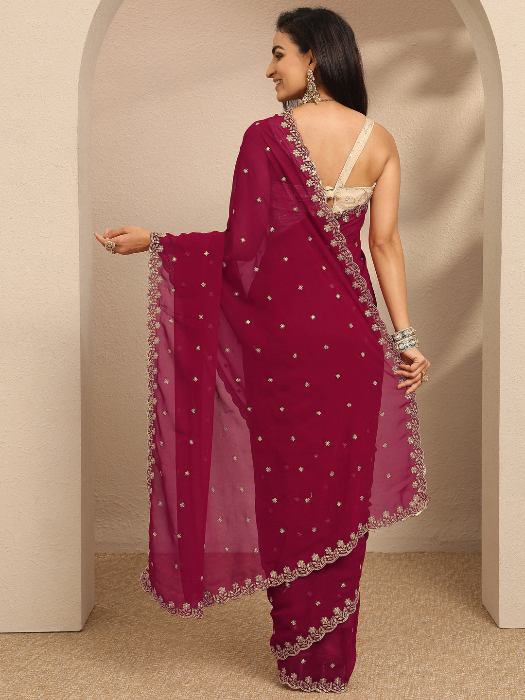  Pink Embroidered Georgette Saree With Unstitched Blouse Piece 