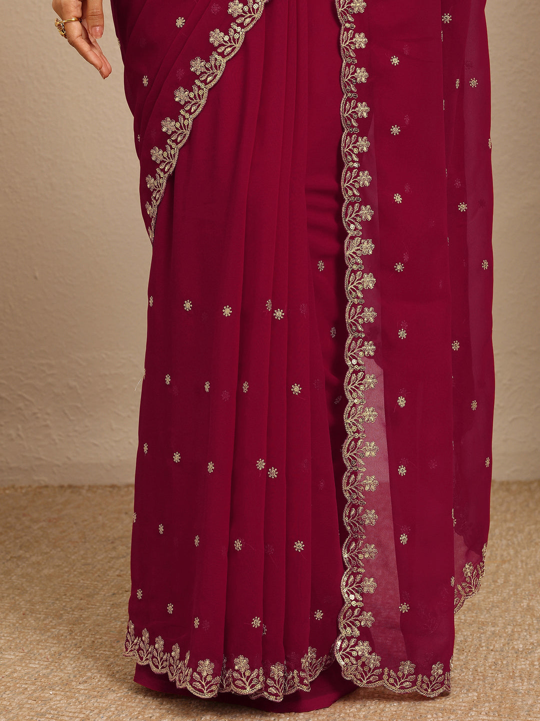  Pink Embroidered Georgette Saree With Unstitched Blouse Piece 
